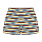 A pair of high-waisted, ribbed knit shorts featuring horizontal stripes in brown, light blue, and cream, shown against a plain white background.