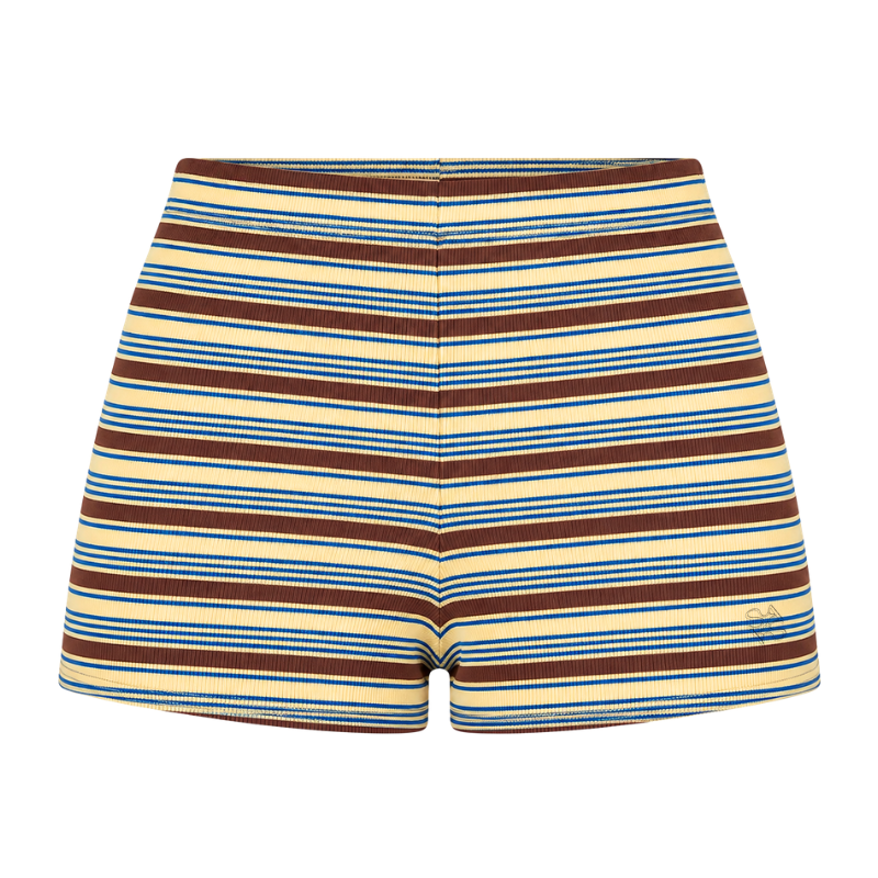 A pair of high-waisted, ribbed knit shorts featuring horizontal stripes in brown, light blue, and cream, shown against a plain white background.